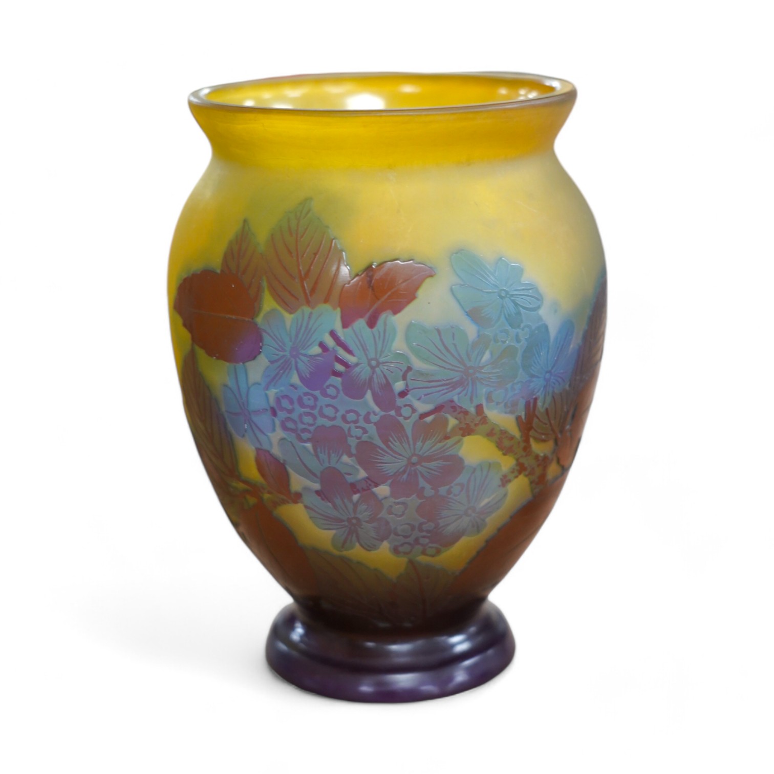 A Gallé blue globular vase with yellow ground, 15cm high. Condition - fair to good, some surface scratches and scratches to base